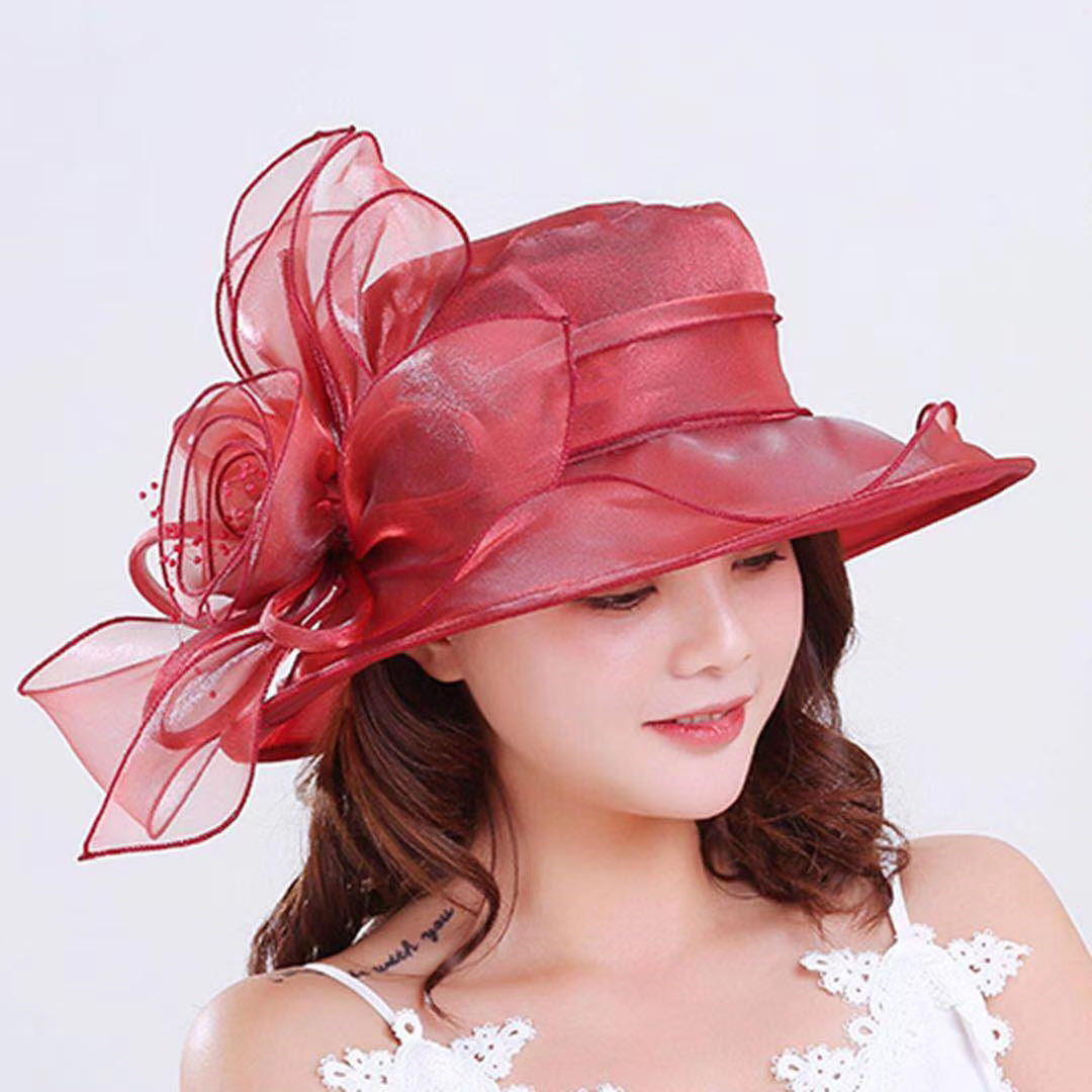 Fascinator Hat Gauze Flower Hat - Wine Red - Women's Hats & Caps - Carvan Mart