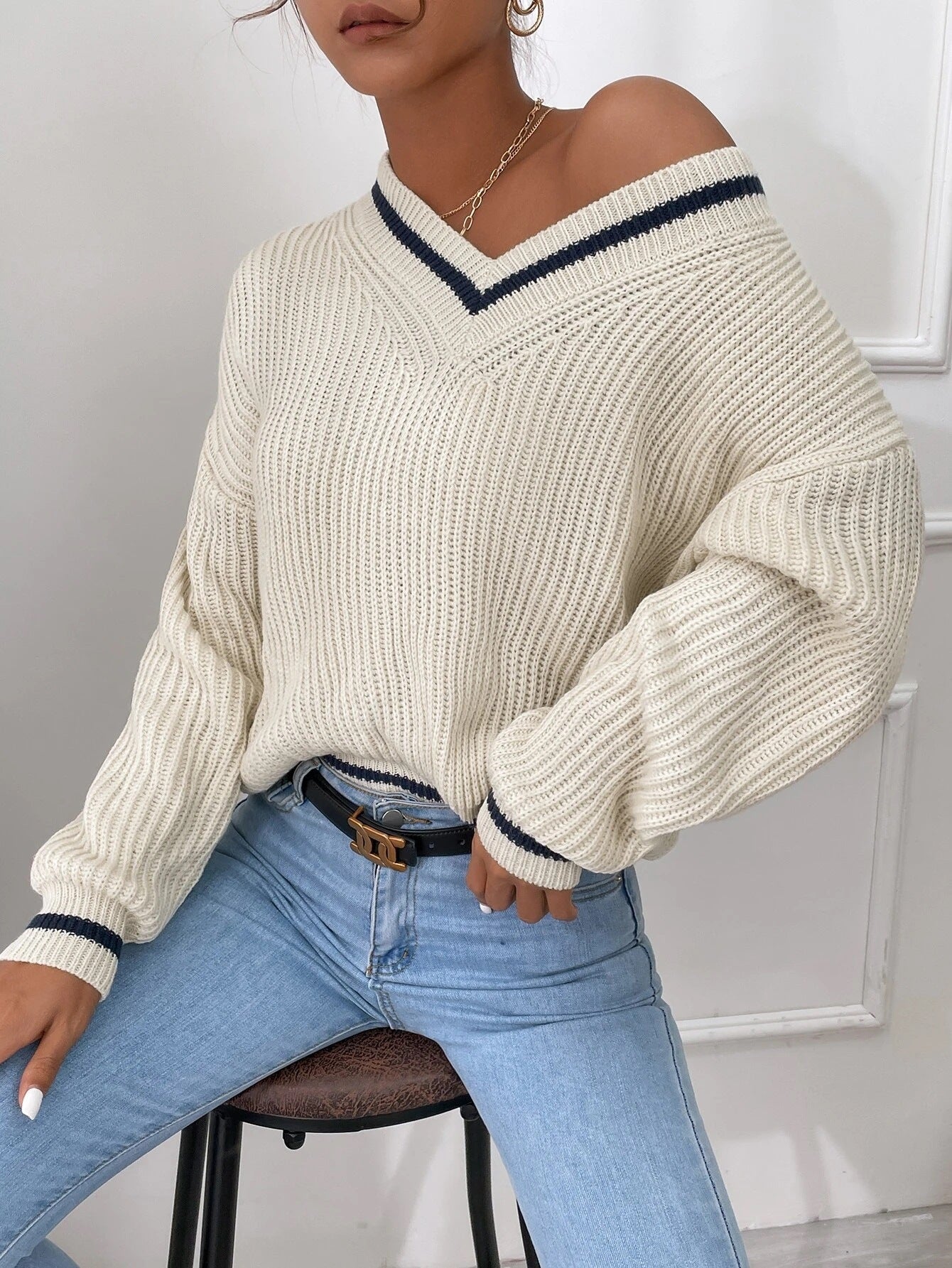 Winter Women's Clothes Cable Knit V Neck Sweaters Casual Long Sleeve Striped Pullover Sweater Trendy Loose Preppy Jumper Top - Carvan Mart Ltd