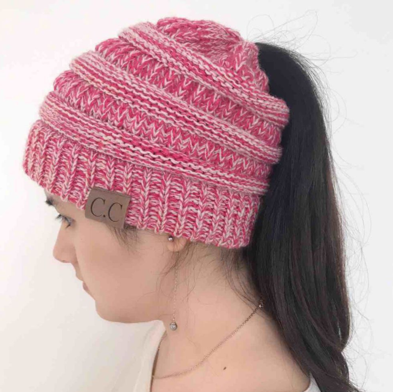 High Bun Ponytail Beanie Hat Chunky Soft Stretch Cable Knit Warm Fuzzy Lined Skull Beanie Acrylic Hats Men And Women - Redwhite - Women's Hats & Caps - Carvan Mart