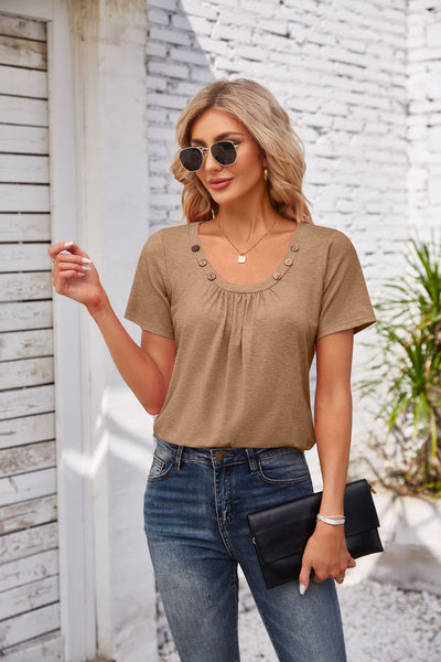 Women's Short-sleeve T-shirt Summer Button Square Collar Pleated Loose T-shirt - Khaki - Blouses & Shirts - Carvan Mart