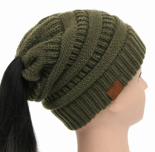 High Bun Ponytail Beanie Hat Chunky Soft Stretch Cable Knit Warm Fuzzy Lined Skull Beanie Acrylic Hats Men And Women - Army green - Women's Hats & Caps - Carvan Mart