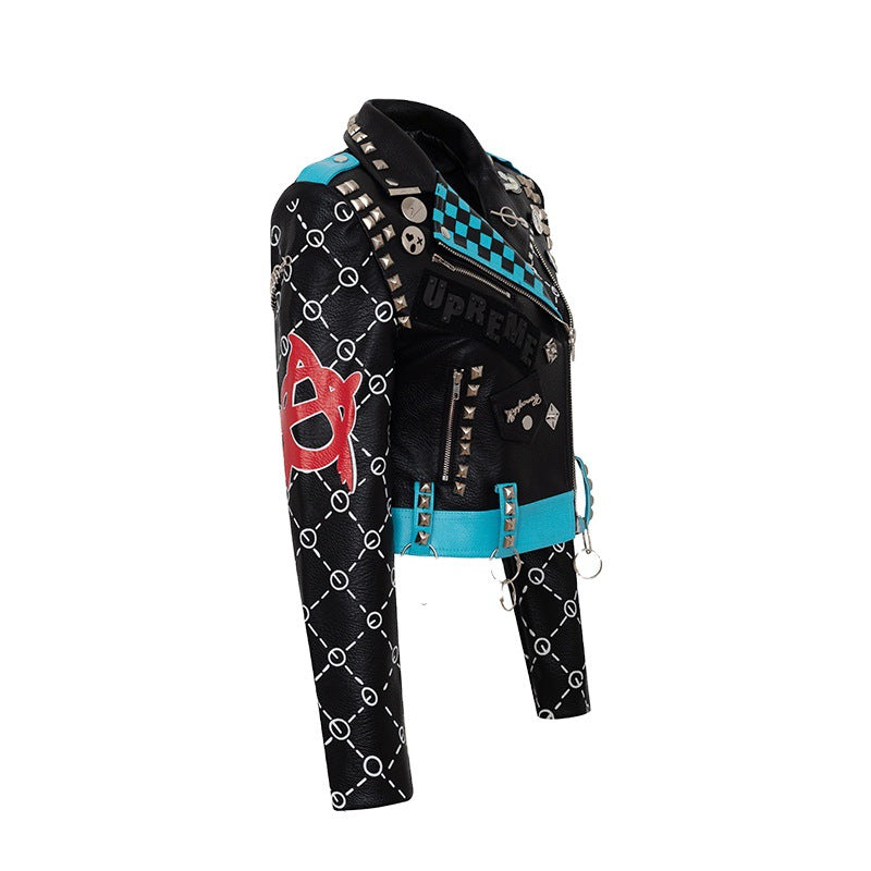 Graffiti Print Jacket Embellished Women's Leather Moto Jacket - - Leather & Suede - Carvan Mart