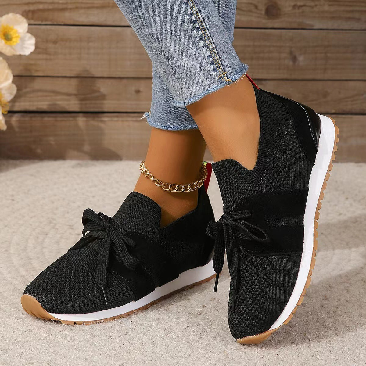 Women's Comfortable Fly Woven Mesh Lace-up Casual Shoes - Breathable Daily Sneakers - Black - Women's Shoes - Carvan Mart