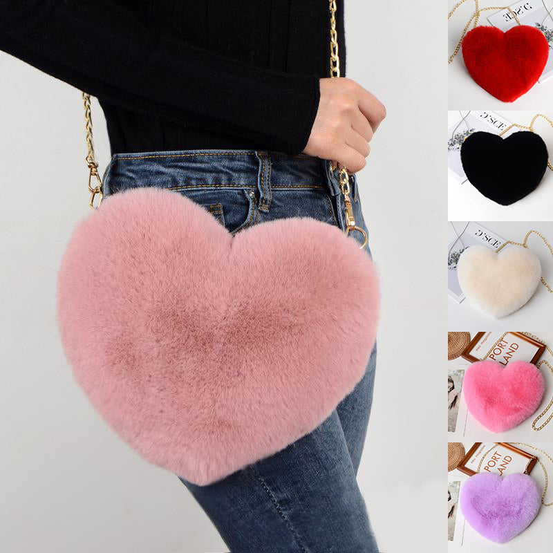 Love Bag for Women - Plush Heart-Shaped Chain-Strap Handbag with Sequins for Parties - - Shoulder Bags - Carvan Mart