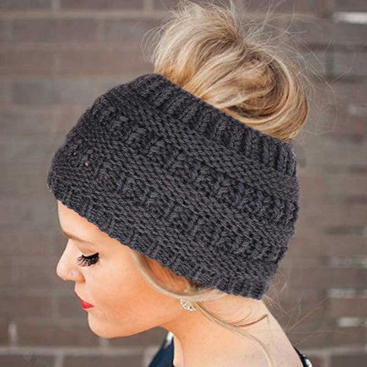 Women Headwrap Ponytail Beanies Hat Winter Warm Ear Warmer Head Wrap Casual Crochet Turban Hats Female Soft Knit Woolen Caps - Carvan Mart Ltd