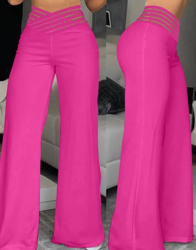 High-Waisted Flare Pants with Sexy Cutout Waistband - Trendy Wide-Leg Trousers - Rose Red - Pants & Capris - Carvan Mart