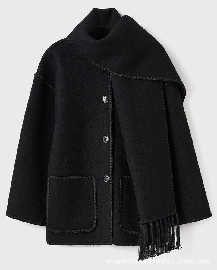 Women's Woolen Coat With Scarf Tassel Lady Office Streetwear Jacket - Black - Women's Coats & Jackets - Carvan Mart