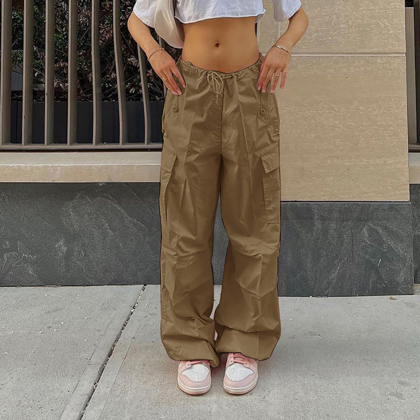 Women's Cargo Pants with Drawstring and Pockets - Fashionable High-Waisted Street Trousers - Carvan Mart