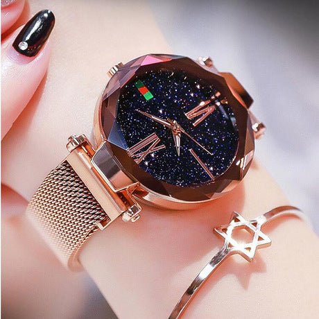 Luxury Women Watches Mesh Ladies Clock Magnet Buckle Starry Diamond Geometric Surface Quartz Wristwatch - - Women's Watches - Carvan Mart