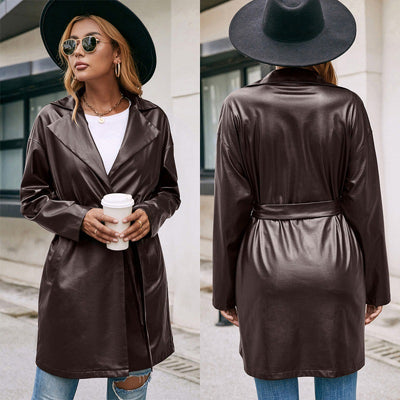 Women's Leather Trench Coat Mid-length Leather Jacket - Carvan Mart