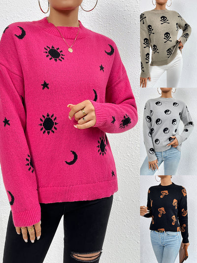 Knitted Sweaters Women's Casual Jacquard Crewneck Winter Tops - Carvan Mart