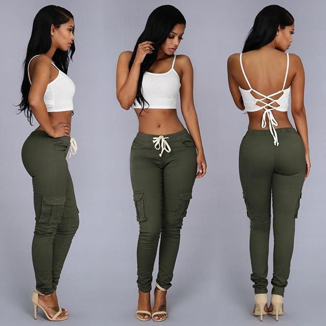 Women's Multi-bag Casual Pants - Military green - Leggings - Carvan Mart