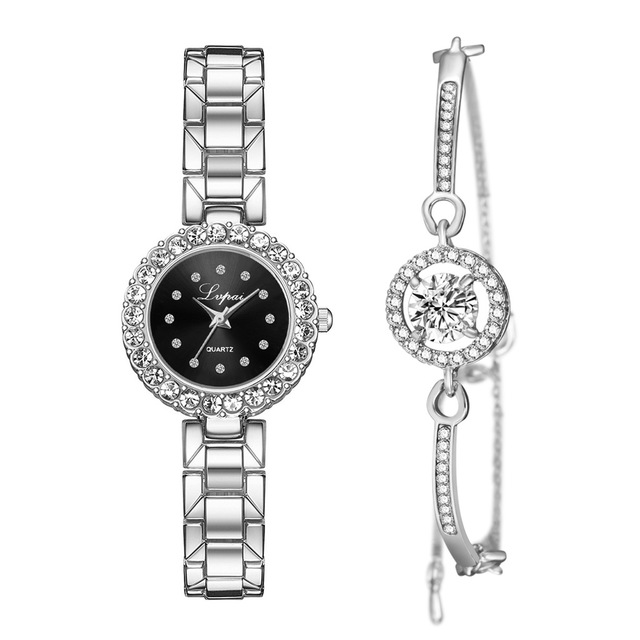 Watches-Set Bangle Clock Bracelet Wrist-Watch Quartz Women Fashion Ladies Brand Luxury - Silver black bracelet - Women's Watches - Carvan Mart