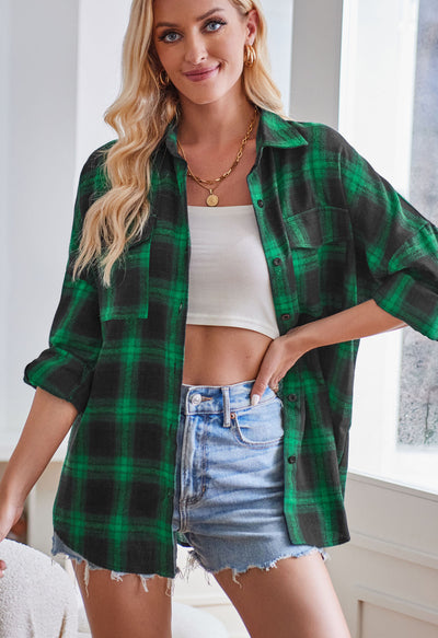 Tailored Flannel Shirt Winter Leisure Long Sleeve Plaid Pocket Shirt - Green - Winter Tops - Carvan Mart