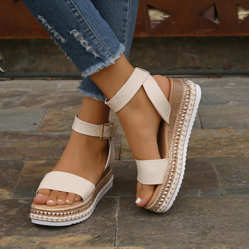 Summer Sandals Buckle Strap Hemp Wedges Platform Peep Toe Shoes Women - Carvan Mart