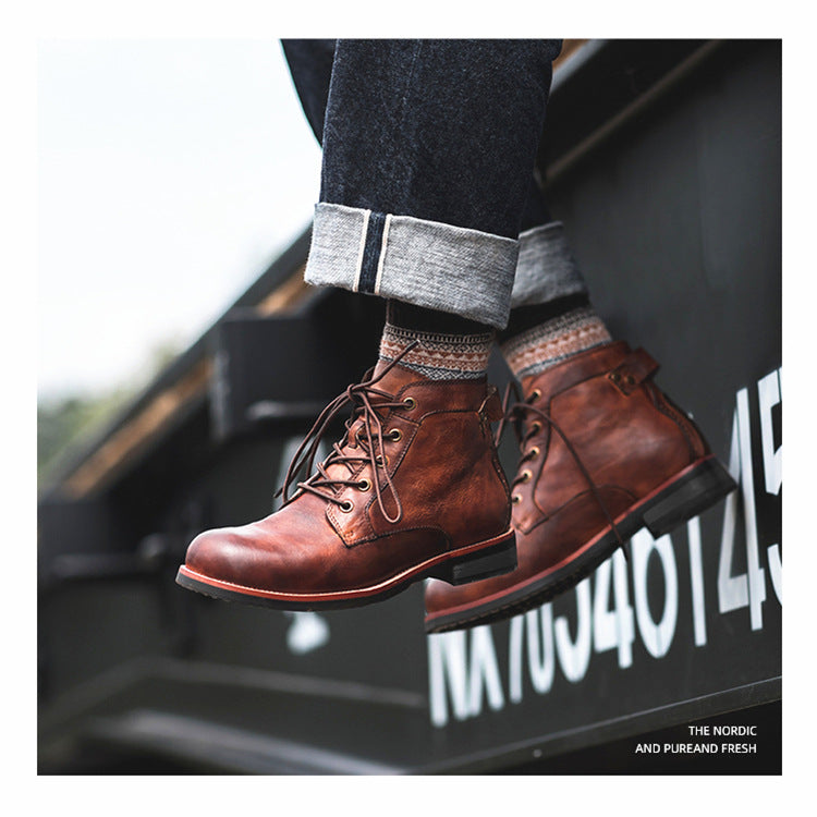 Retro Boots Men's Lace-up Leather Ankle Boot Low Heel Motorcycle Shoes - - Men's Boots - Carvan Mart