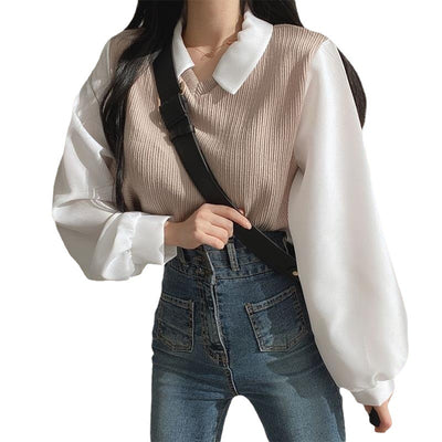 Patchwork Long Sleeve Loose Contrast Color And Versatile Top - Carvan Mart