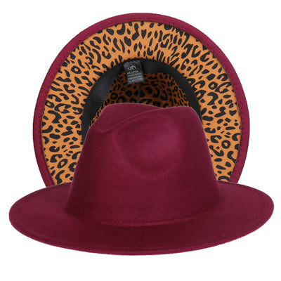 Double-sided Color-blocking Leopard Print Woolen Fedora Hat - Wine Red Leopard Print M - Men's Hats & Caps - Carvan Mart