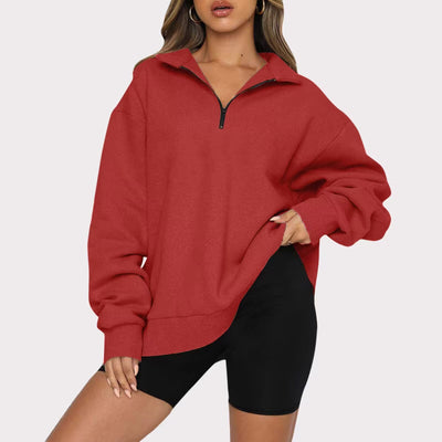 Women Sweatshirts Zip Turndown Collar Loose Casual Tops Clothes - Red - Women Hoodies & Sweatshirts - Carvan Mart