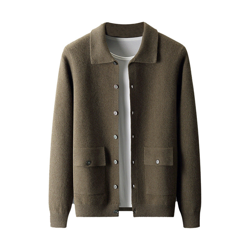 Men's Polo Collar Solid Color Wool Cardigan Autumn Winter Retro Pocket Thick Coat - Carvan Mart