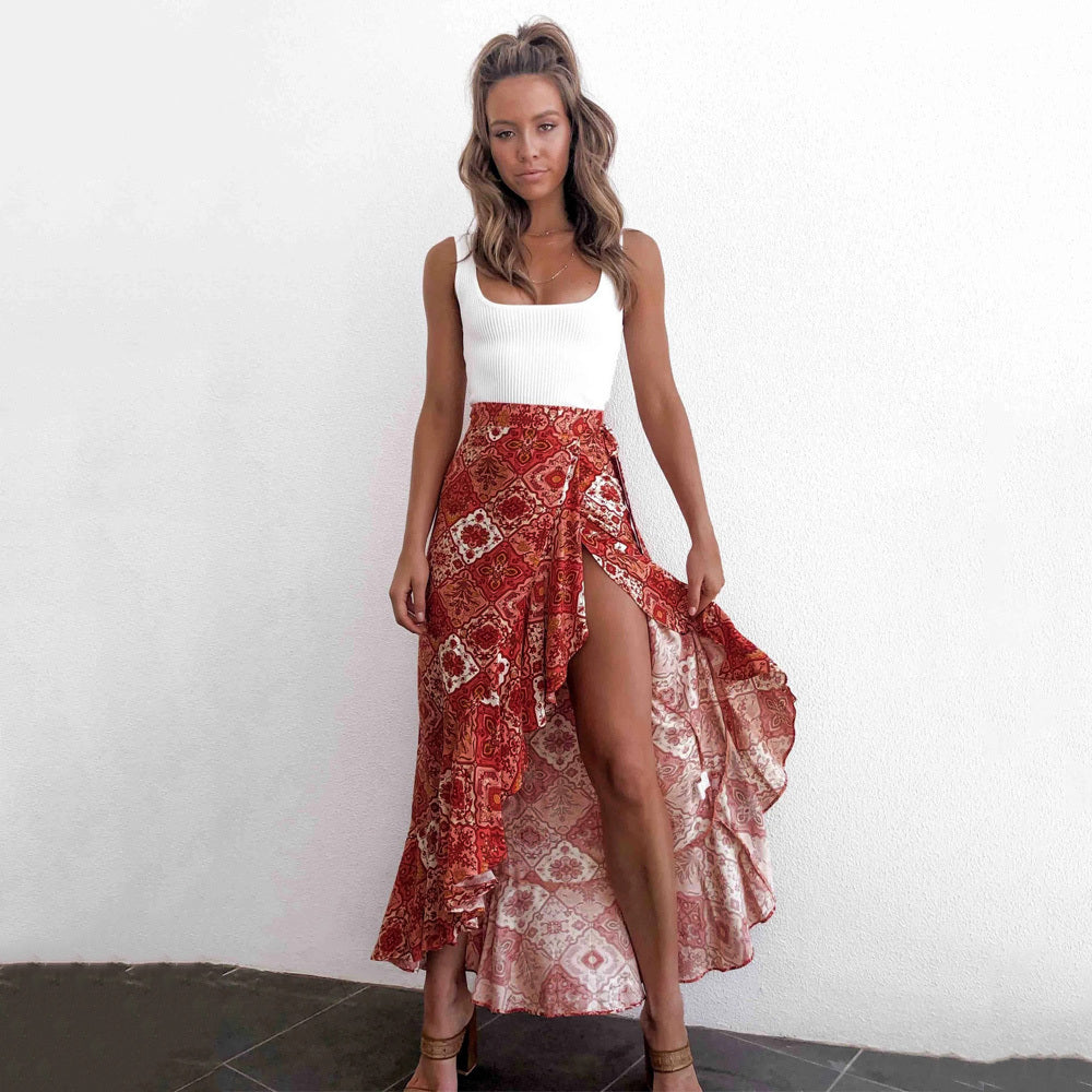 Boho Maxi Wrap Irregular Floral Split Ruffle Skirt - Carvan Mart
