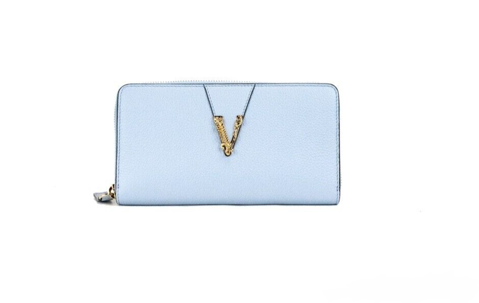 Versace Large Cornflower Grainy Leather Gold Monogram Zip Around Clutch Wallet - Sky Blue - - Versace