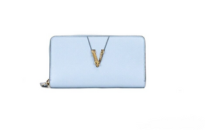 Versace Large Cornflower Grainy Leather Gold Monogram Zip Around Clutch Wallet - Sky Blue - - Versace