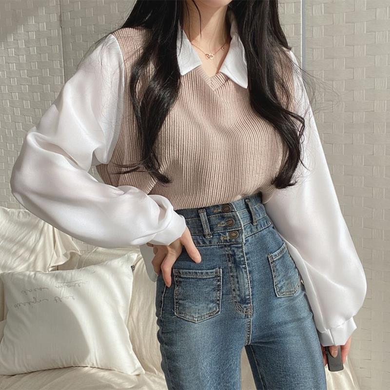 Patchwork Long Sleeve Loose Contrast Color And Versatile Top - Carvan Mart