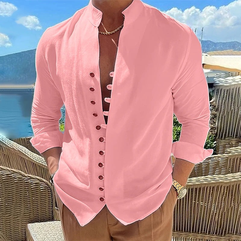 Retro Button Design Long-sleeve Shirt Men's Casual Loose Top - Pink - Men's Shirts - Carvan Mart