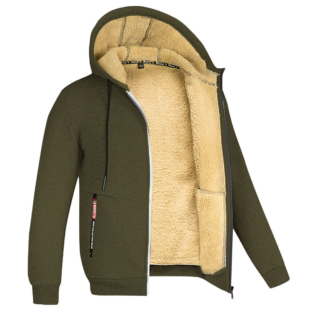 Men's Hooded Fleece Plus Thick Lamb Fleece Hoodie Cardigan Jumper Jacket - Army Green - Men's Hoodies & Sweatshirts - Carvan Mart