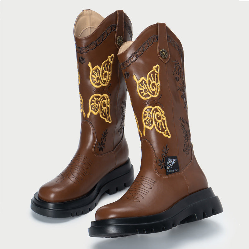 Women's Butterfly Embroidery Cowboy Boot - Dark Brown Plus Velvet - Women's Shoes - Carvan Mart