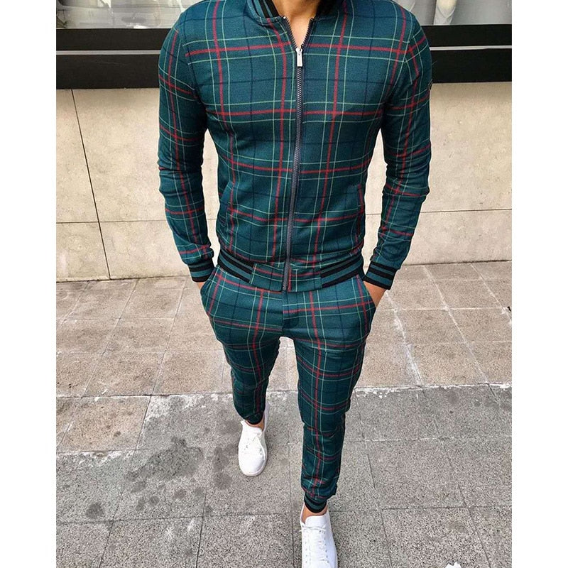 Men's Leisure Suits Tracksuits Grid Two-piece Patchwork Zipper Tracksuits Sportswear Sets - Carvan Mart