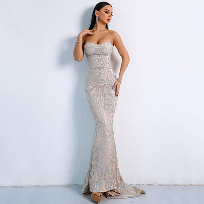 Women Mermaid Sequins Party Dress Sexy Elegant Strapless Geometric Evening Dress - Carvan Mart