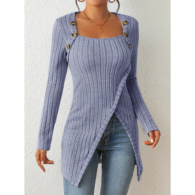 Carvan Woman Square-neck Off-shoulder Slit Sweater - Blue - Winter Tops - Carvan Mart