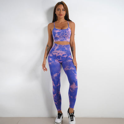 Women's Tie-dye Print Yoga Suit Fitness Sports High Waist Suit - Blue pink trousers suit - Active Attire - Carvan Mart