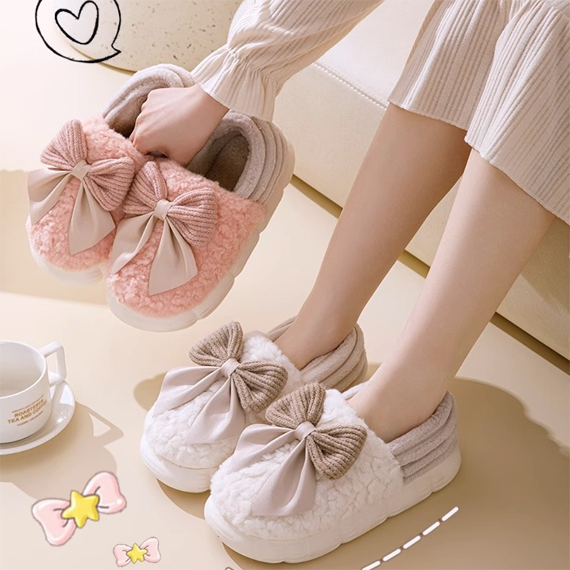 Women's Cozy Bowknot Slippers - Fleece-Lined Indoor House Shoes - - Women's Slippers - Carvan Mart