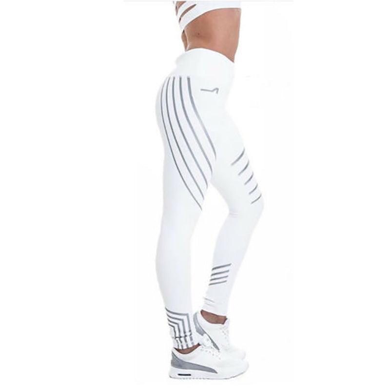 High Waist Reflective Yoga Pants for Women - Workout, Running, Printed Leggings - White 2 - Leggings - Carvan Mart