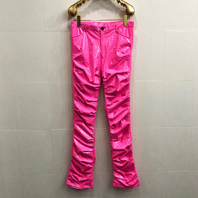 Mirror Fit Pleated Flare Leather Pants - Trendy Unisex PU Leather Pants - Pink - Men's Pants - Carvan Mart