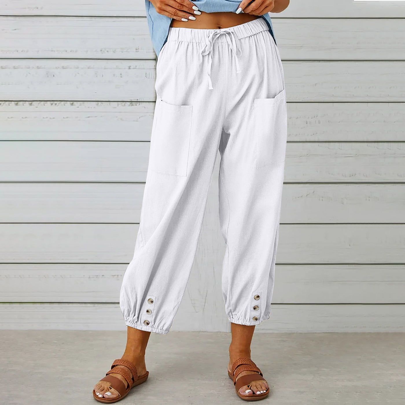 Women's Drawstring Tie Pants Cotton And Linen Trousers - White - Pants & Capris - Carvan Mart