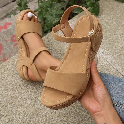 Roman Wedge Sandals For Women Rivet Buckle Strap Thick Platform Shoes Summer - Khaki - Women's Sandals - Carvan Mart