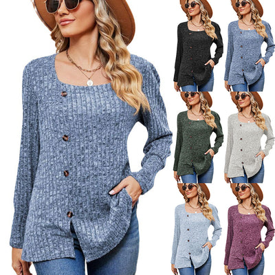 Women's Casual Loose Square Collar Button Long Sleeve Top - Carvan Mart