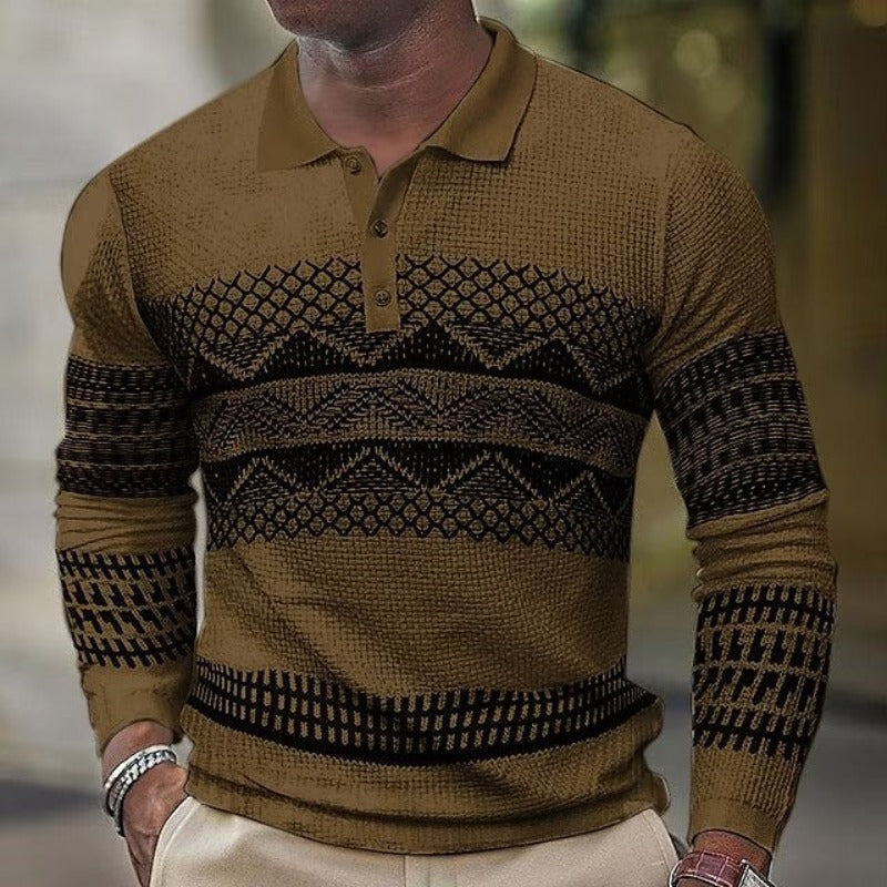 Men's Long Sleeve Polo Shirt - Stylish Geometric Knit Design for Casual and Sports Wear - Brown - Men's Shirts - Carvan Mart