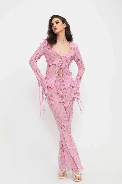 Women Two Piece Suit Strappy Lace V-neck Top Chiffon Printed New Look Looks Coquette Dress - Pink - Suits & Sets - Carvan Mart