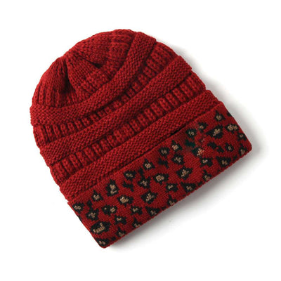 Beanie Women's Warm Leopard Print Knitted Hat - Wine Red One Size - Women's Hats & Caps - Carvan Mart