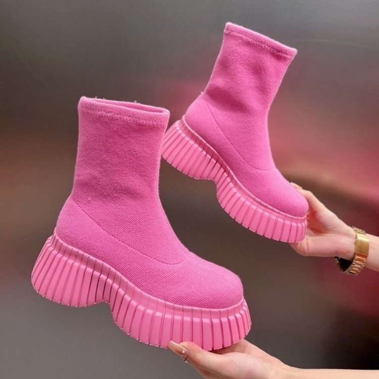 Thick Sole Long Boots Solid Color Fly-woven Elastic Women's Winter Shoes - Carvan Mart