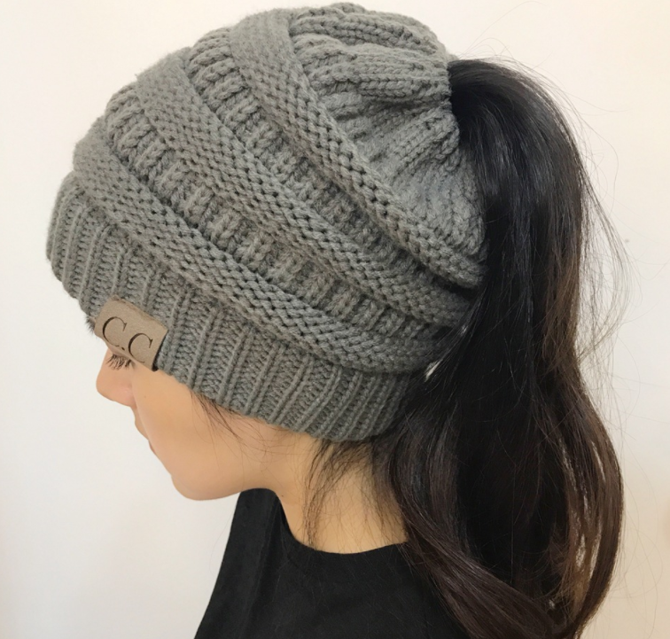 High Bun Ponytail Beanie Hat Chunky Soft Stretch Cable Knit Warm Fuzzy Lined Skull Beanie Acrylic Hats Men And Women - Gray - Women's Hats & Caps - Carvan Mart