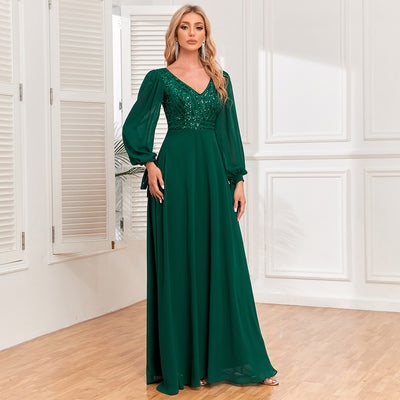 Women's Elegant V Neck Shiny Chiffon Evening Gown A Line Wedding Bridesmaid Dress Party Dress - Green - Evening Dresses - Carvan Mart