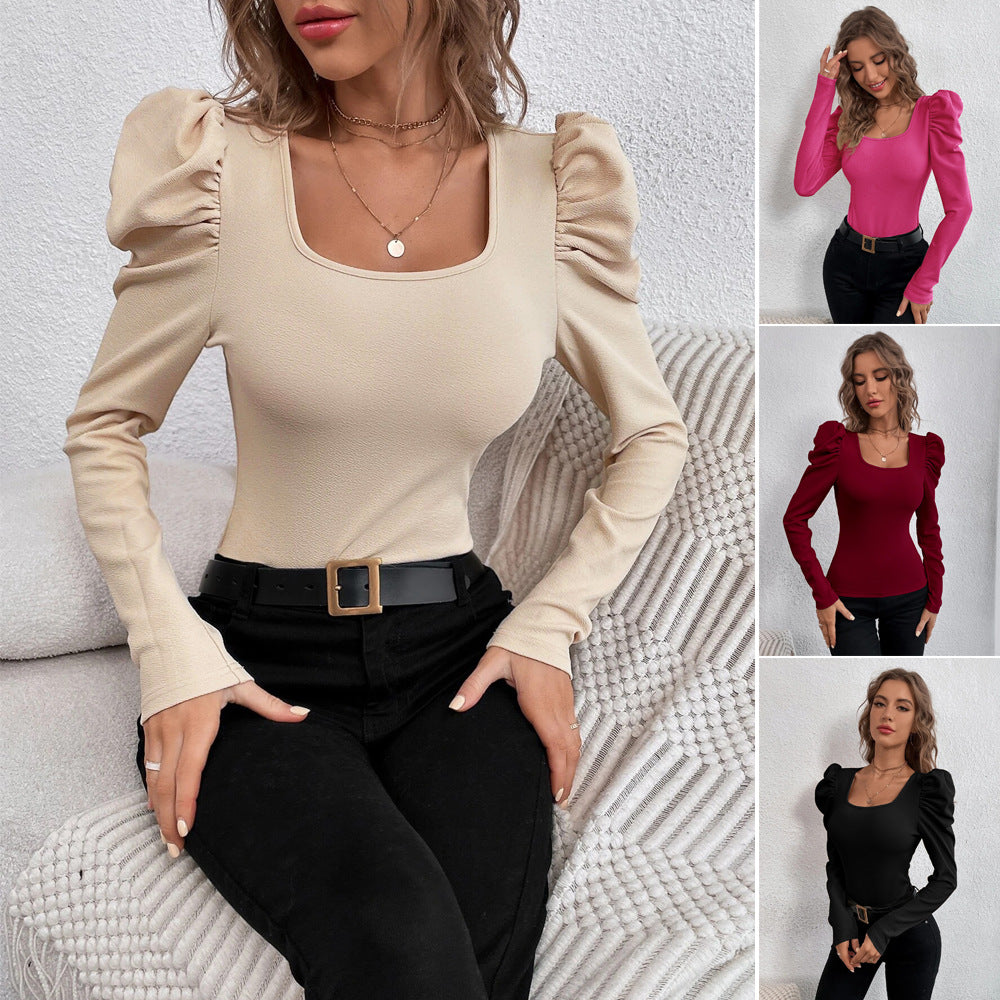 Women's Fashion Square Collar Slim-fit Knitted Long-sleeve T-shirt