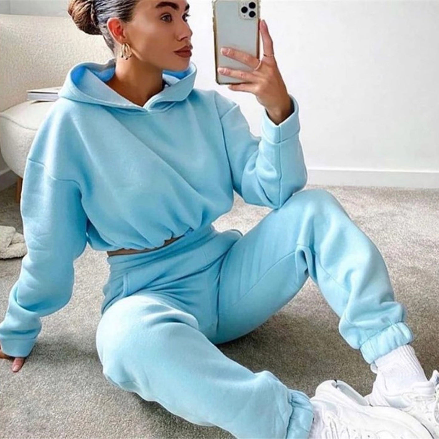 Women 2 Piece Sweat Suit Tracksuit Long Sleeve Hoodie Sportswear - Blue - Active Attire - Carvan Mart