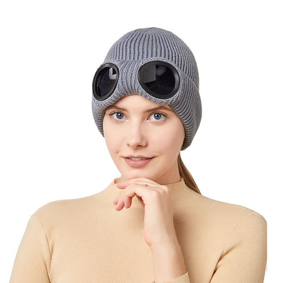 Warm Knitted Woolen Hats With Windproof Glasses For Men And Women Ear Protection Cap - Carvan Mart